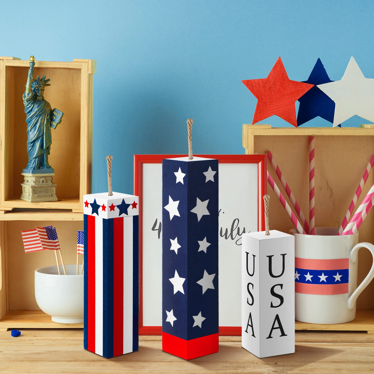 Amyhill 3 Pcs 4th of July Wooden Table Decorations Patriotic Table Centerpieces Independence Day Wood Firework Fourth of July Table Signs for Home Farmhouse Decor(Flag) Amyhill