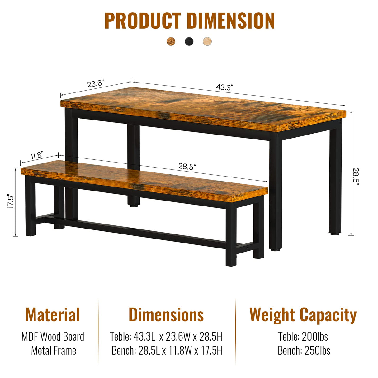 AWQM Dining Room Table Set, Kitchen Set with 2 Benches, Ideal for Home, and Room, Breakfast of 43.3x23.6x28.5 inches, Benches 38.5x11.8x17.5 Industrial Brown AWQM