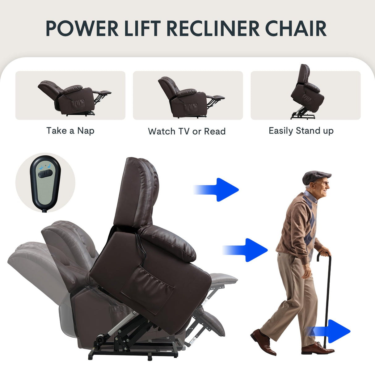 FLEXISPOT XL31 Power Lift Recliner Chair for Elderly, Electric Leather Lift Recliner Chair w/Massage & Heat, Cup Holders, Lift Reclining Chair Sofa for Living Room Bedroom (Brown) FLEXISPOT