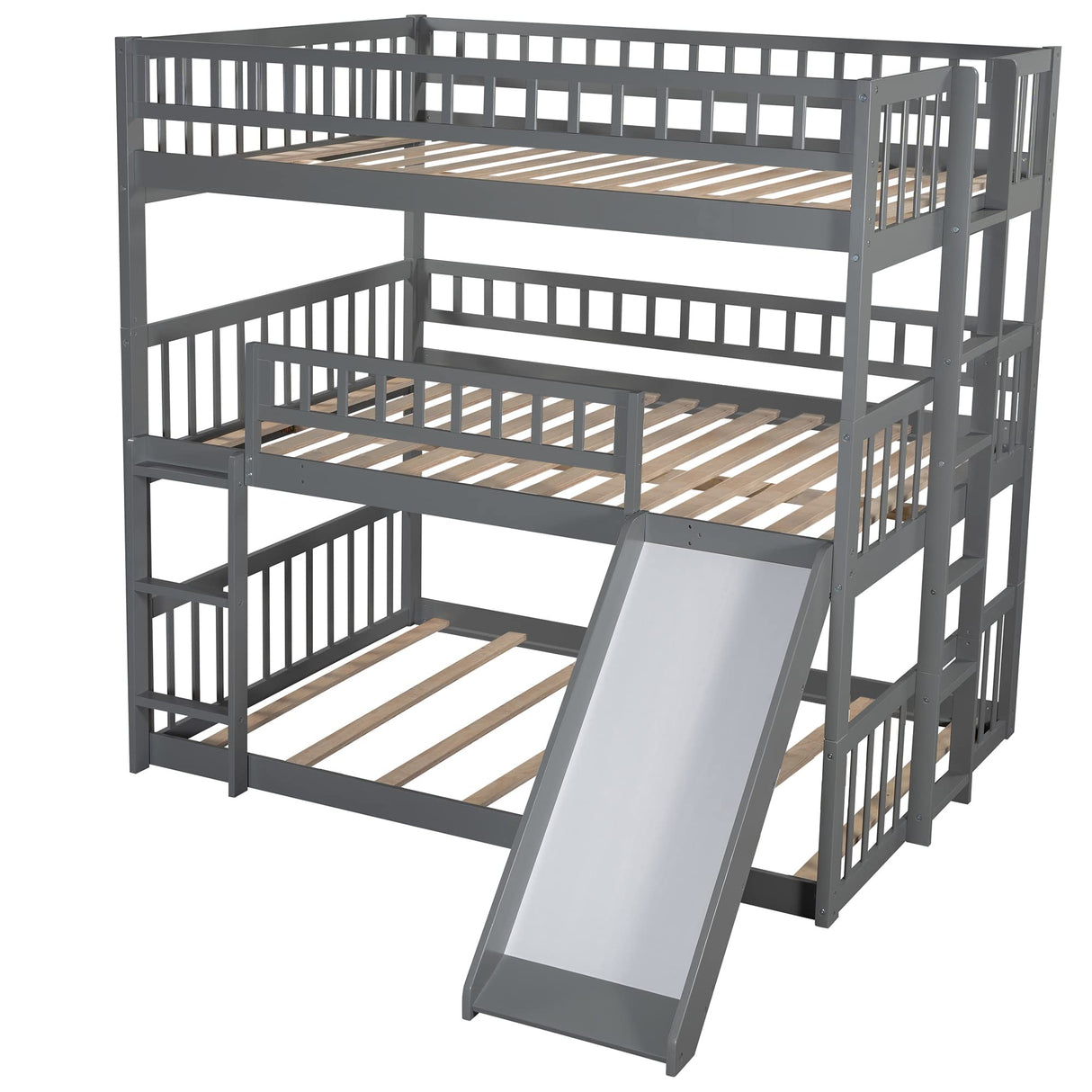 Triple Bunk Bed with Slide, Full Over Full Over Full Bunk Bed Convertible Triple Beds for Kids/Teens/Adults, Gray Bellemave