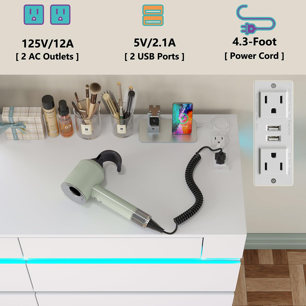 Furniouse Modern 6 White Drawer Dressers for Clothes Organizer & 2 Storage Drawers Wide Chest of Drawers with Charging Station & LED Lights, for Bedroom, Living Room Furniouse