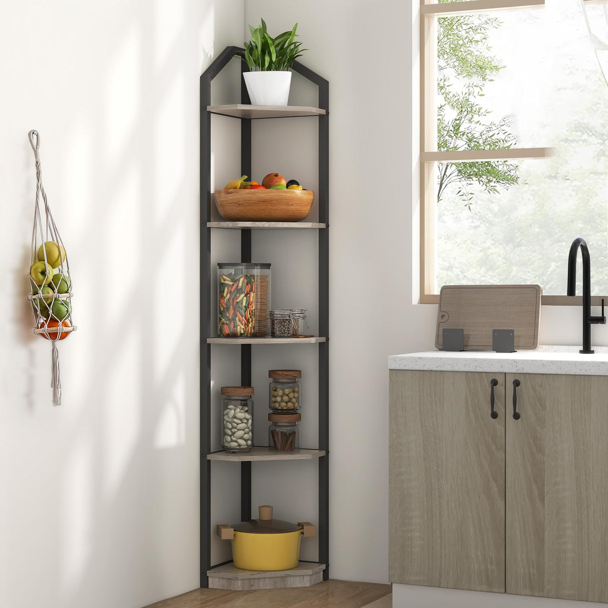 Fun Memories 5 Tier Corner Shelf, 70” Corner Shelf Stand, Corner Bookshelf Plant Stand, Storage Shelf for Bathroom, Living Room, Kitchen,Grey Home Office, Grey Fun Memories