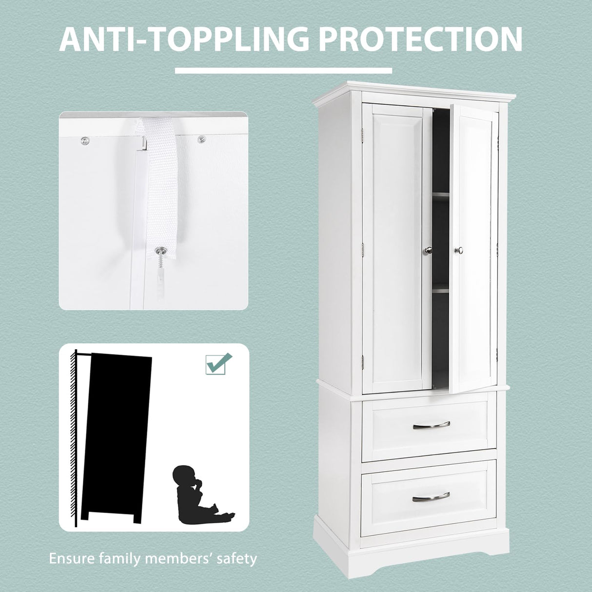 Tangkula 62" H Kitchen Pantry Cupboard, Freestanding Storage Cabinet w/Adjustable Shelves & 2 Large Drawers, Tall Floor Cabinet Home Storage for Kitchen Living Room Bathroom (White) Tangkula