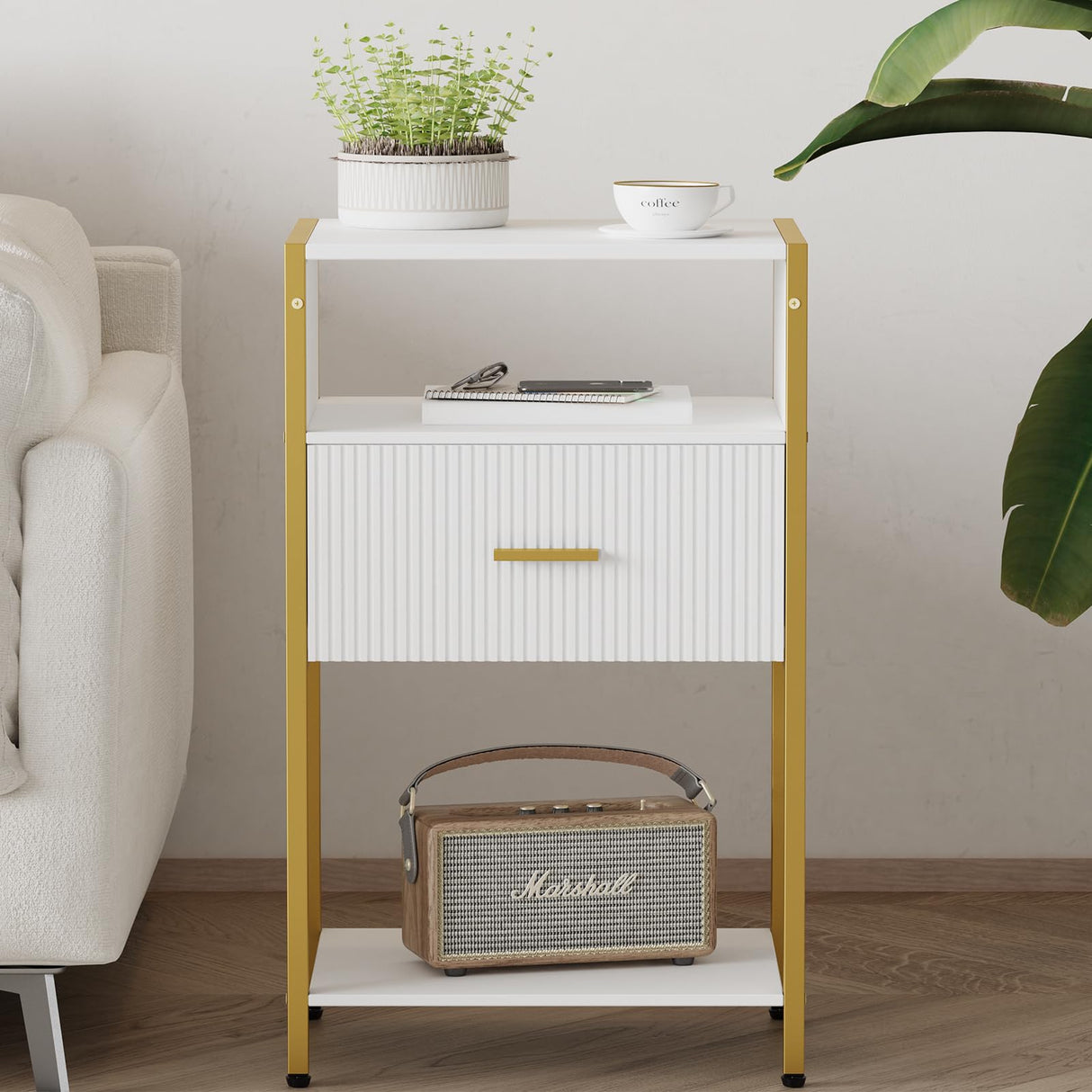 JOONEE Modern Nightstand, White and Gold Side Table with Drawer, Fluted Bedside Table with 3 Storage Shelves for Living Room, Bedroom JOONEE