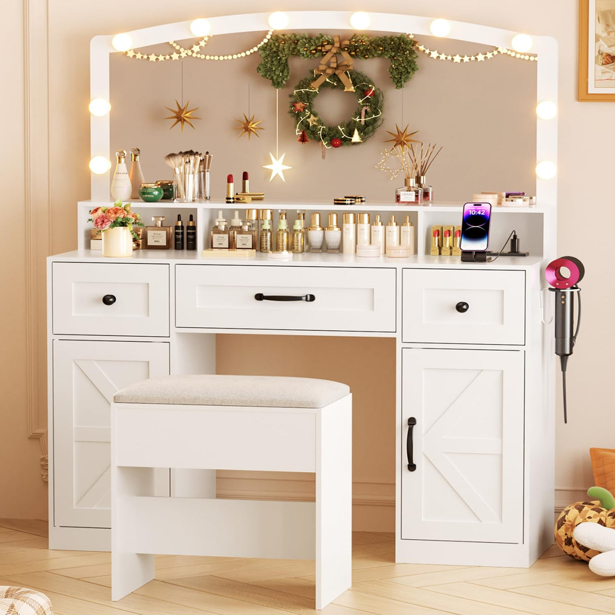 ERLEJIA Farmhouse Vanity Desk with Mirror and Lights&Stool and Power Outlet, 43.3" Large 3 LED Lights Modes Makeup Vanity Table with 7 Drawers, 2 Cabinets& Large Mirror,Bedroom Vanity Desk White ERLEJIA