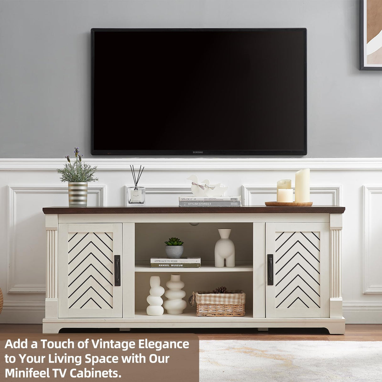 Minifeel Farmhouse TV Stand for 65+ Inch TV, 25" Tall Entertainment Center with Barn Door, Rustic TV Stands for Bedroom with Adjustable Shelf, Wooden TV Consoles for Living Room, Antique White Minifeel