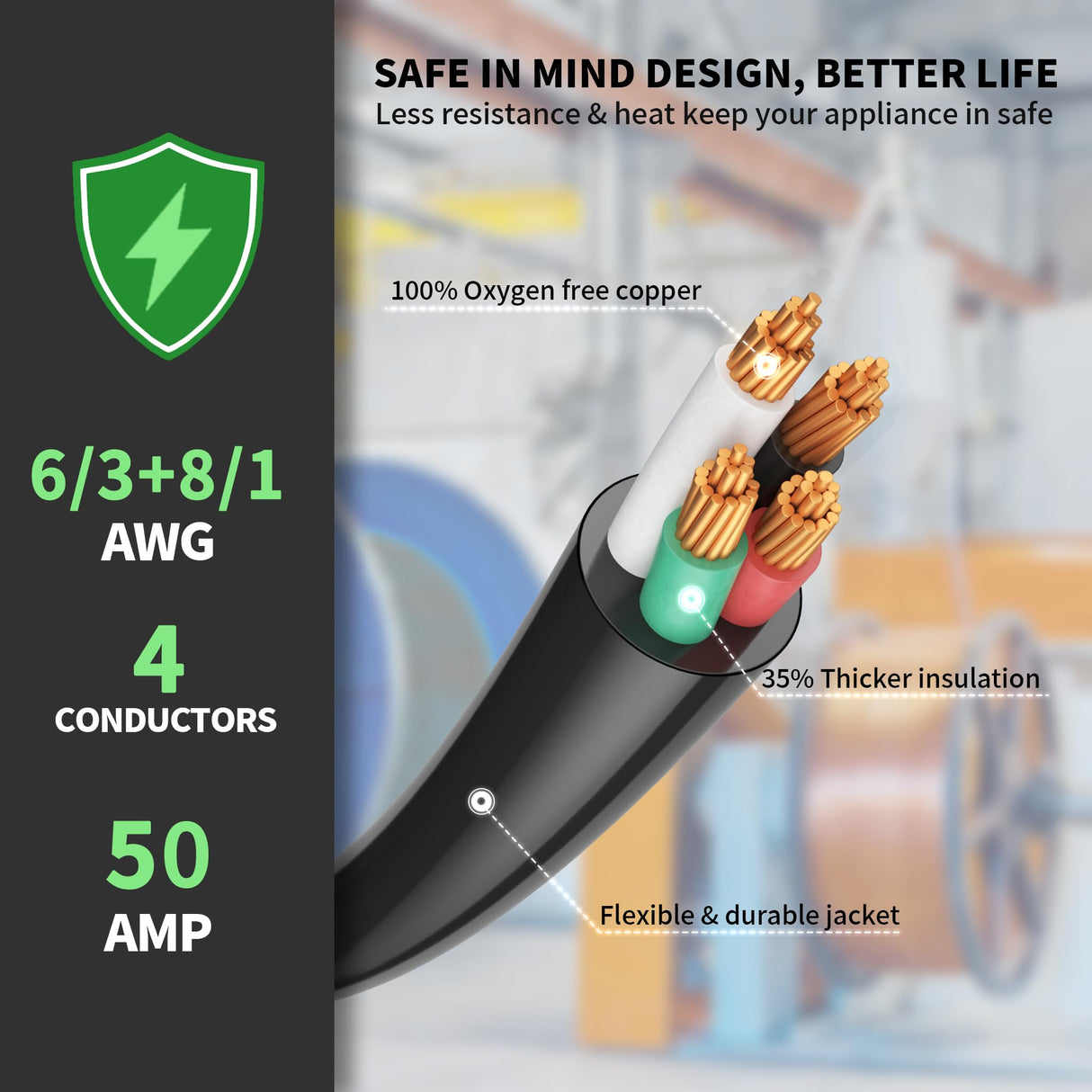 POWGRN 50 Amp RV/EV Extension Cord 30 FT Outdoor with Grip Handle, Flexible Heavy Duty 6/3+8/1 Gauge STW 4 Prong RV Power Cord Waterproof with Cord Organizer, NEMA 14-50P to 14-50R, Black-Yellow, ETL POWGRN