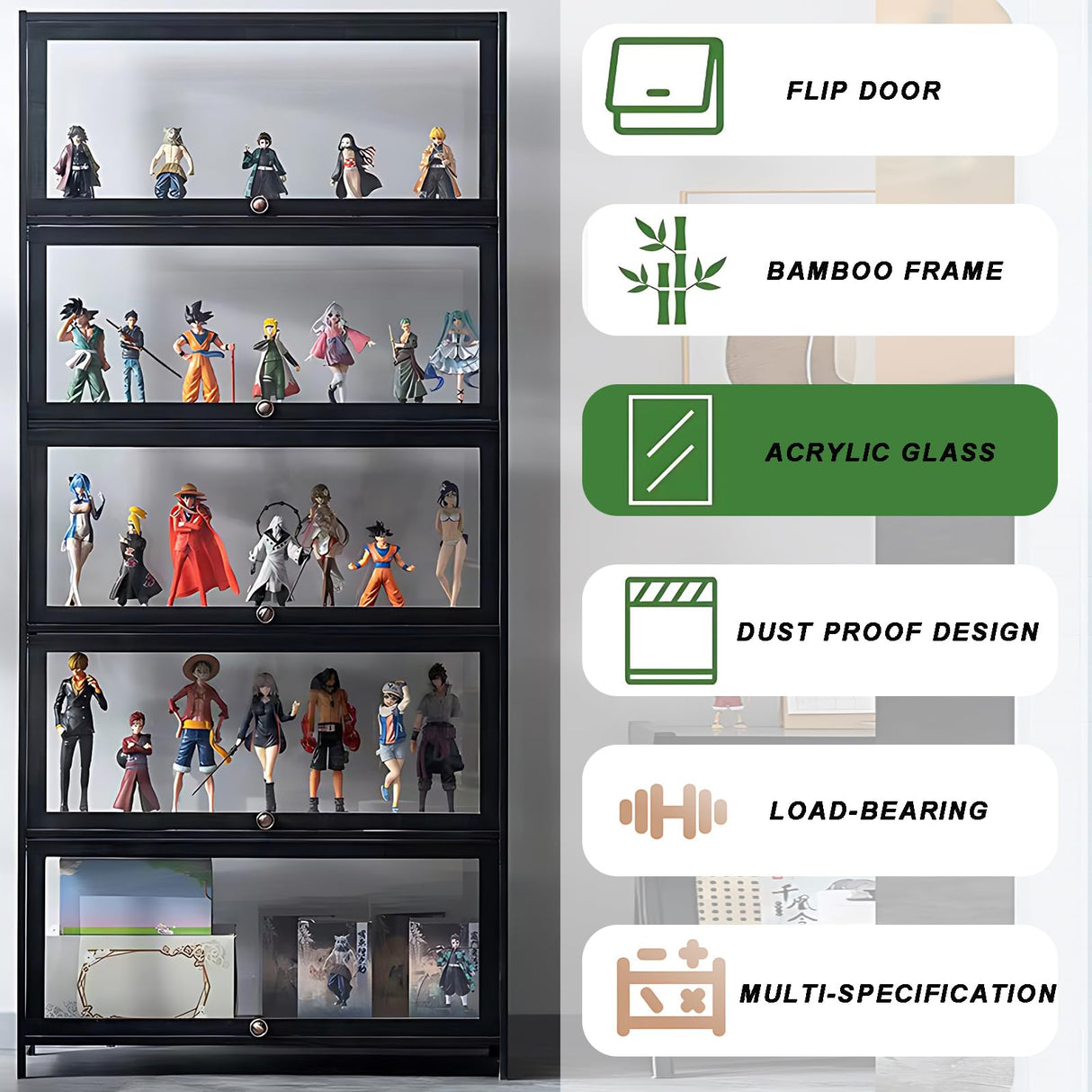 ouioyggk Display Cabinet with Acrylic Glass Door, 5-Tier Curio Display Case, Collectibles Toy Organizers Rack & Display Shelf, Kids Bookcase for Home, Office, Playroom, Living Room, Black ouioyggk