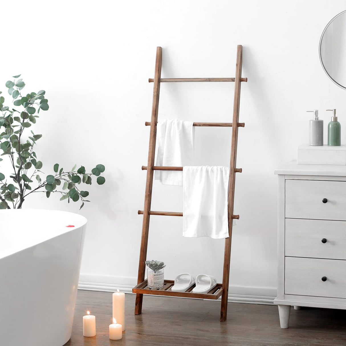 FUIN 5ft Wood Blanket Ladder with Bottom Shelf for Living Room Decorative Wall Leaning Farmhouse Quilt Display Holder Storage Rustic Wooden Towel Rack for Bathroom, Light Brown FUIN