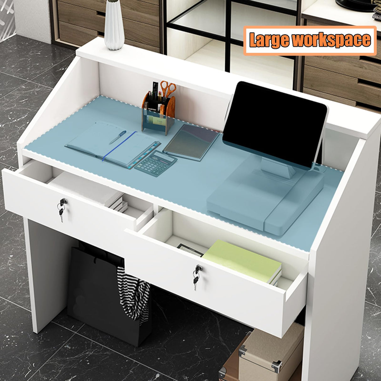 Reception Desk with Counter, Modern Front Desk with Lockable Drawers, White Retail Counter for Checkout Salon, Lobby, Store, Small Wood Cashier Table with Cable Grommet (White, 31x 14 x 36 inches) TEENKON