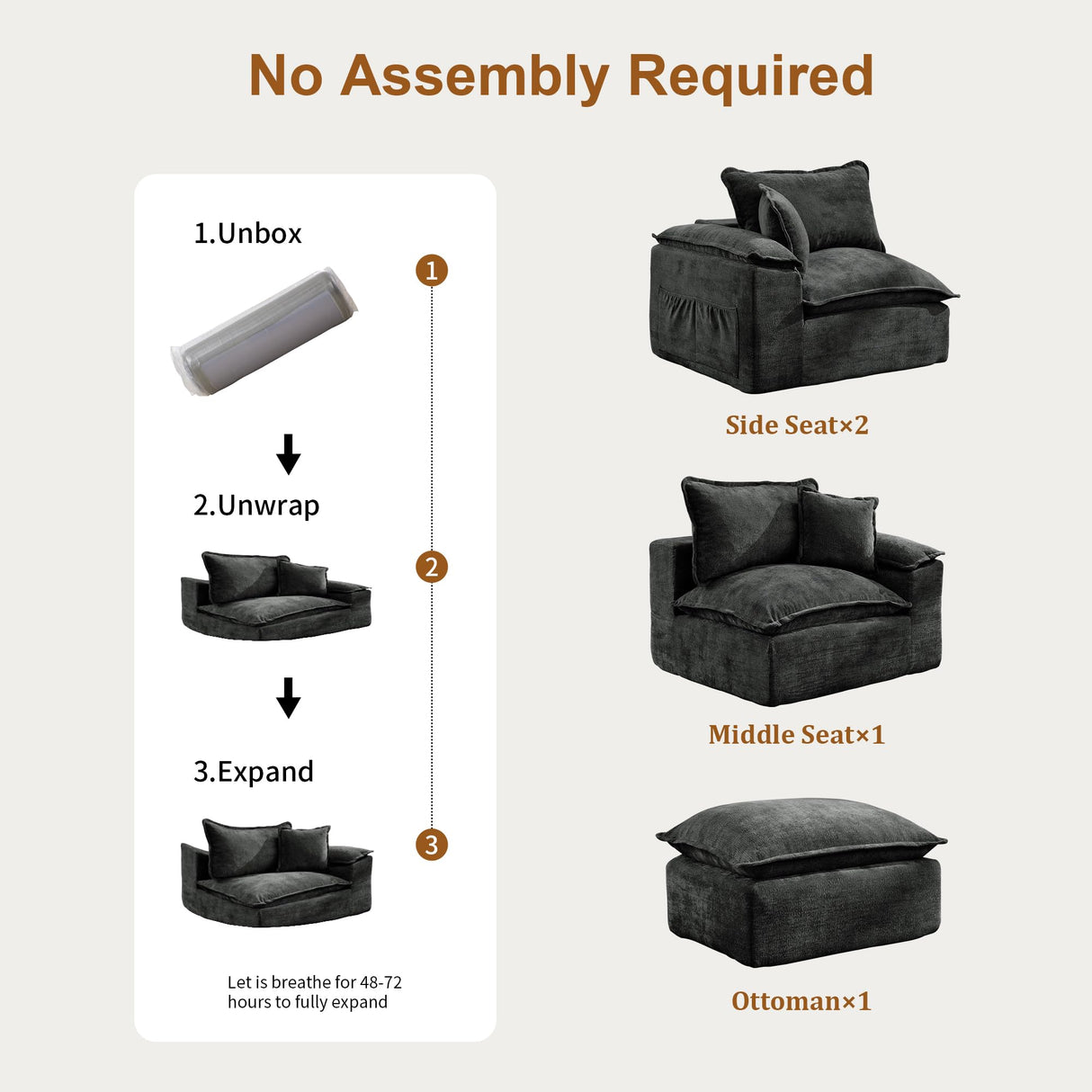 Korser 122" Sectional Couches for Living Room, Modular Boneless Couch with Deep Seat & Fluffy Cushion, Cozy Double-Layer Cushioned Sofa with Convertible Ottoman, Comfy Cloud Sofa, No Assembly Required Korser