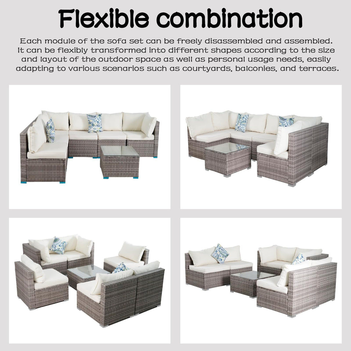 7 Pieces Outdoor Wicker Rattan Patio Furniture Sectional Set, Outdoor Furniture Sectional Sofa with Soft Cushion and Tempered Glass Table for Garden, Backyard, Balcony, Poolside, Grey and Beige BRRYIN