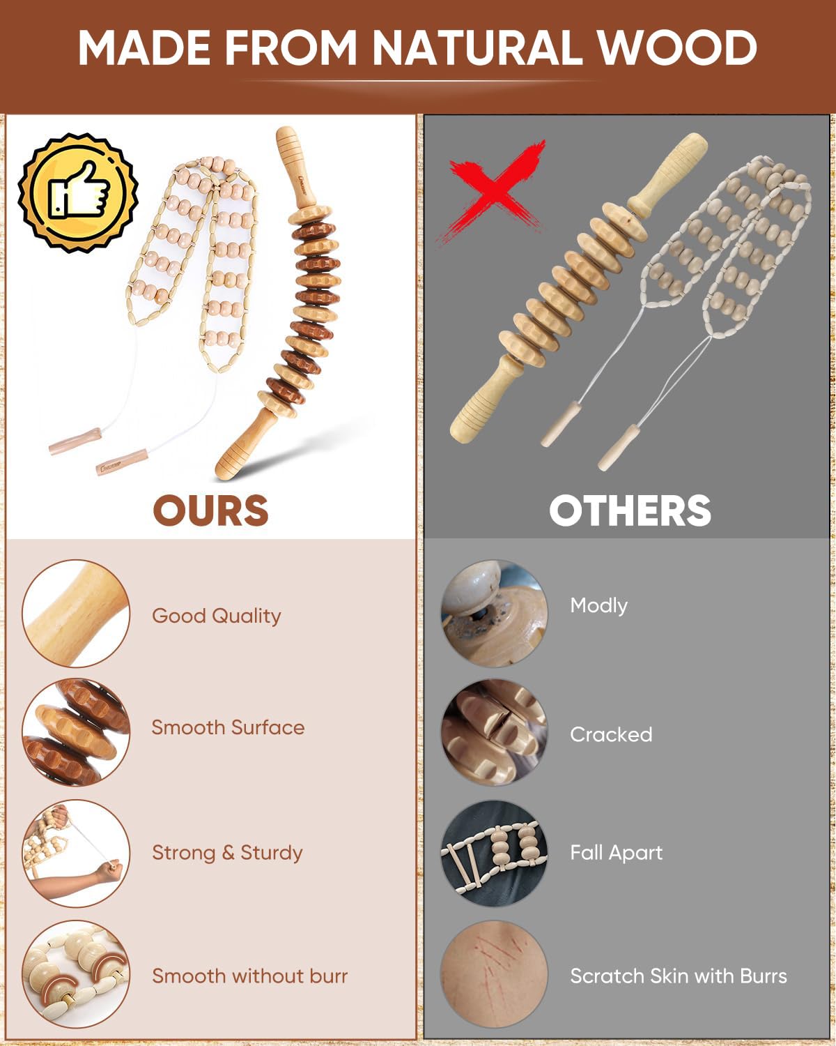 ONUEMP 2PCS Wood Therapy Massage Tools, Wooden Massage Roller Stick & Back Massager Roller Rope, Maderoterapia Kit Colombiana for Lymphatic Drainage, Anti Cellulite, Body Sculpting, Ease Deep Tissue ONUEMP