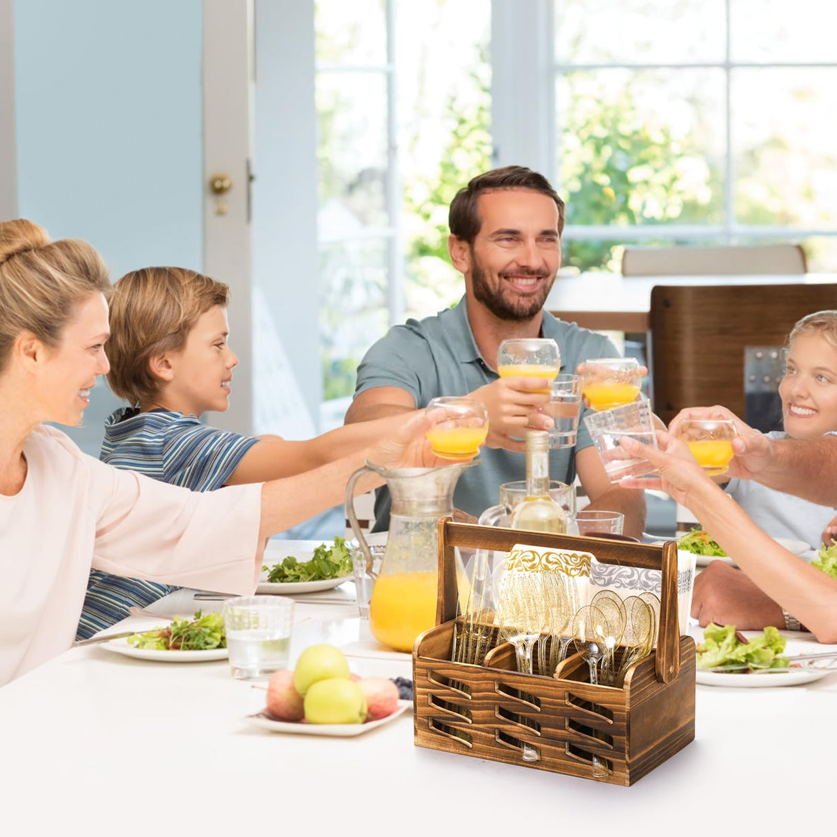 Noamus Silverware Caddy with Handle, 4 Compartments Wooden Flatware Utensil Holder, Cutlery Organizer Napkin Storage for Countertop, Kitchen Bathroom Bedroom, Farmhouse Decor, Party Camping Picnic Noamus