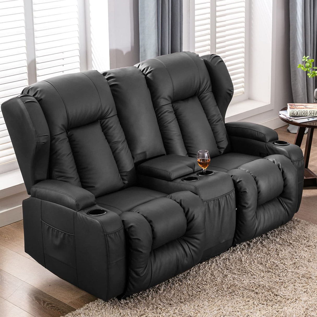 SAMERY 66" RV Loveseat Recliner Sofa, 6" Wall Hugger Reclining Loveseat with Storage Console, Manual Faux Leather Recliner Sofa Couch for Living Room RV Theater Seating with Cup Holder SAMERY
