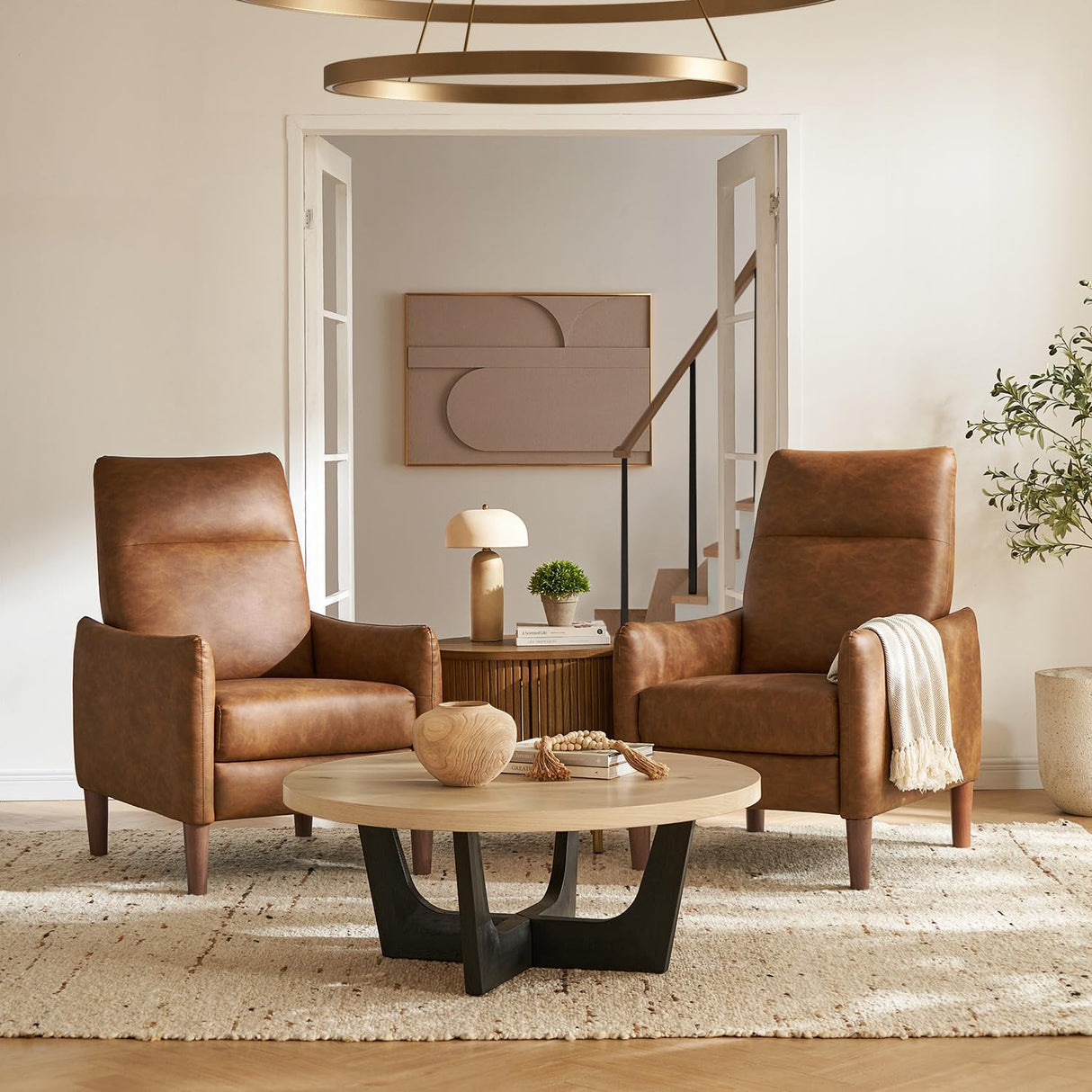 mopio Arthur Recliner Chair with 3 Positions, Accent Armchair, Mid Century Modern Reading Chair, High Back Padded Support Comfy Sleeper Armchair (Pecan Brown Faux Leather) mopio