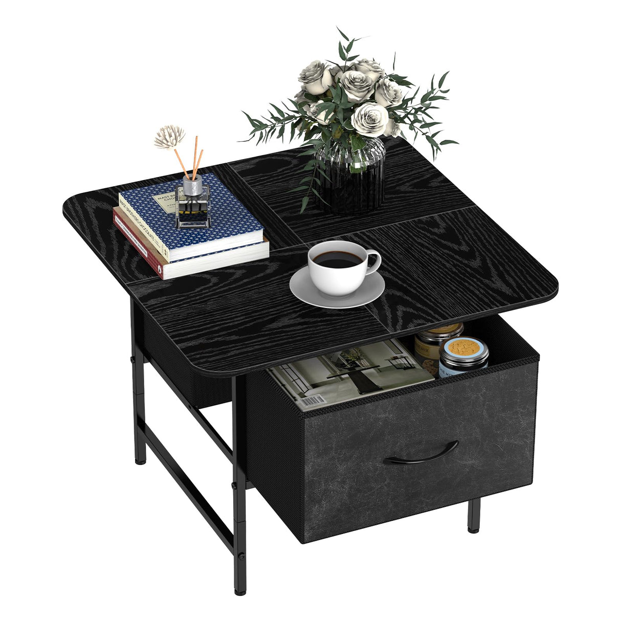 Shinoske Square Coffee Table with Storage Drawer,Small Black Coffee Tables for Living Room,2-Tier Farmhouse Center Table with Round Corners for Small Space,Apartment,Office Shinoske