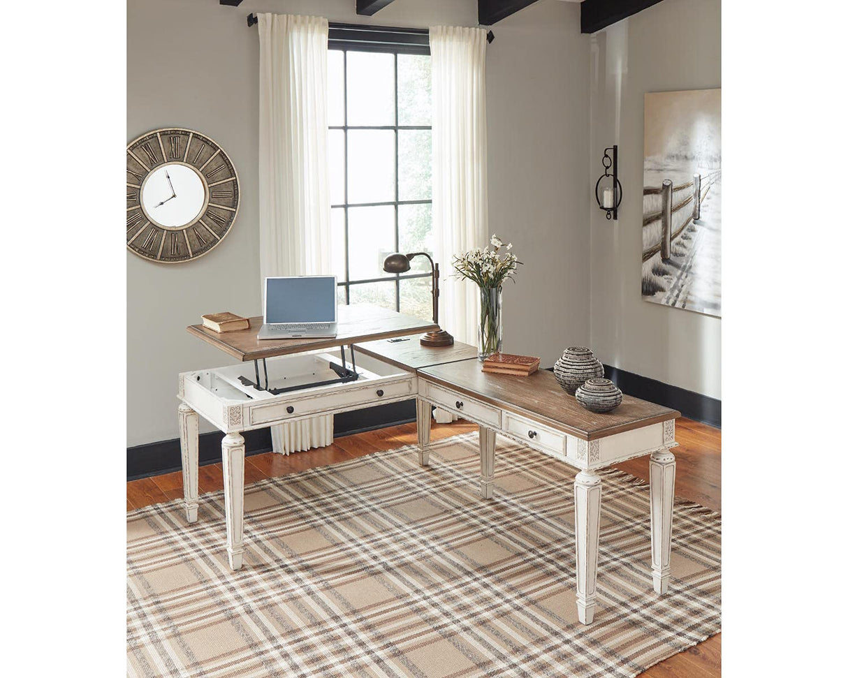 Signature Design by Ashley Realyn French Country 60" Home Office Lift Top Desk with USB Charging, Chipped White Signature Design by Ashley