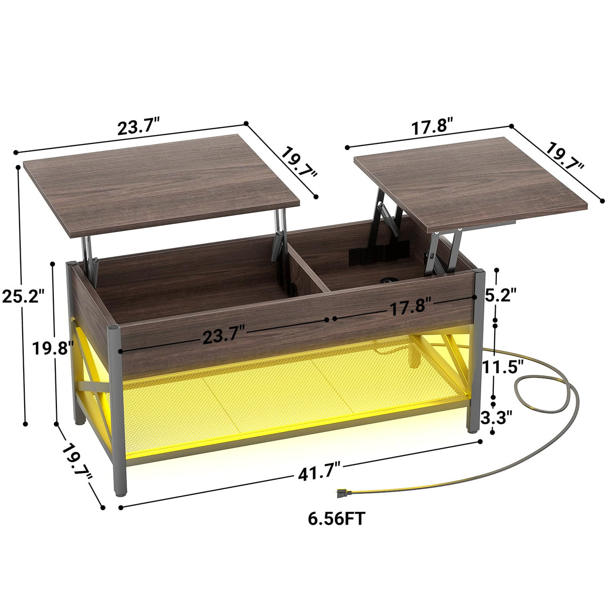 Aheaplus Coffee Table, Lift Top Coffee Table with LED light and Power Outlet, Modern Lift-Top Table with Storage Shelf, Center Table for Living Room with Lift Tabletop, X Support Metal Frame, Espresso Aheaplus
