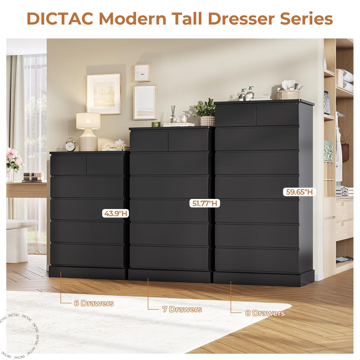 DICTAC Black Tall Dresser for Bedroom with 7 Drawers, 51.8" Tall Dressers & Chests of Drawers, Modern Wood Closet Organizer and Storage Cabinet, Large Vertical Dresser for Bedroom, Closet, Hallway DICTAC