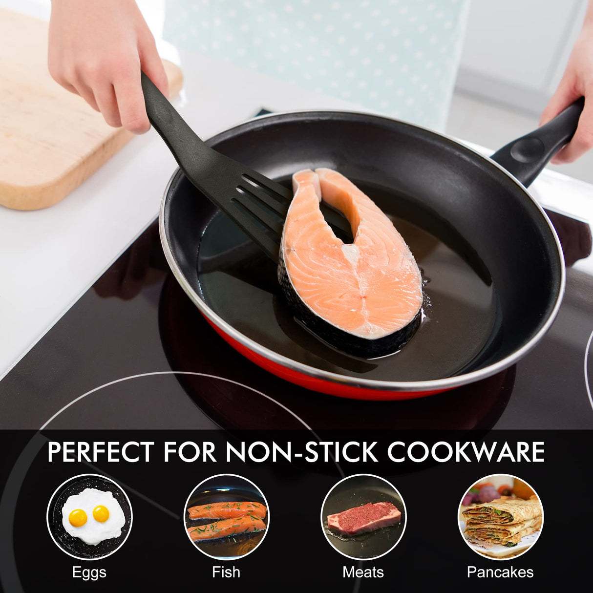 HOTEC Heat Resistant Silicone Slotted Fish Turner Spatula Set, Flipper Cooking Spatulas, for Non Stick Cookware Dishwasher Safe, Black HOTEC
