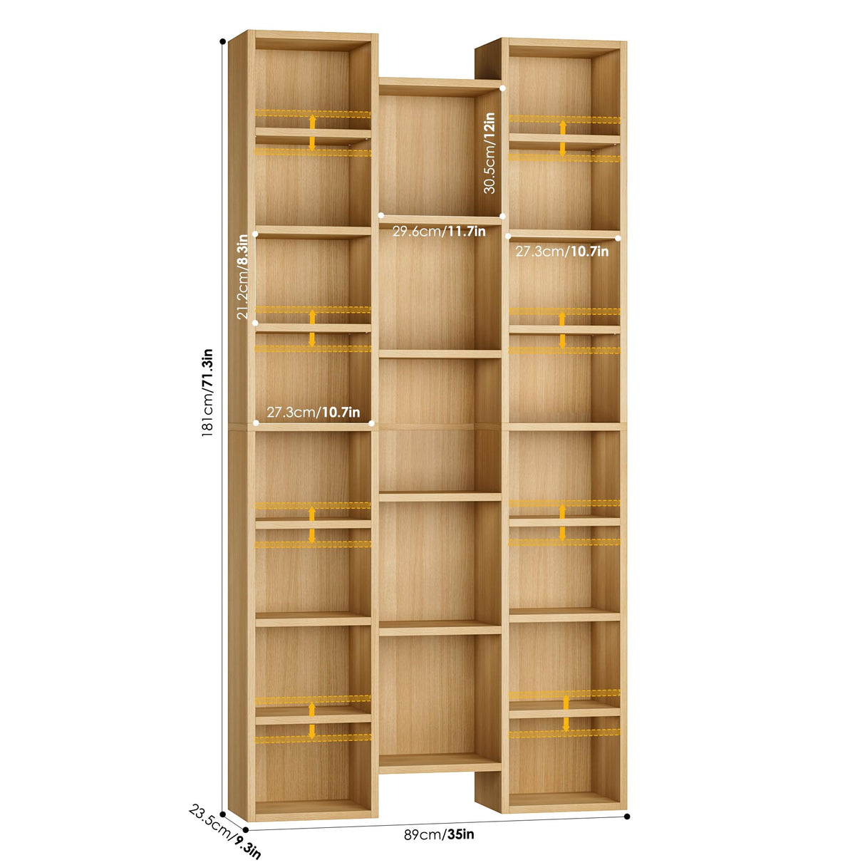 FOTOSOK 71โโ Tall Bookshelf, Triple Wide Bookshelf with Adjustable Shelves, 8 Tier Media CD DVD Storage Rack, Diaplay Cabinet Shelf, Wooden Book Shelf DVD Storage Shelf for Home Office, Natural FOTOSOK