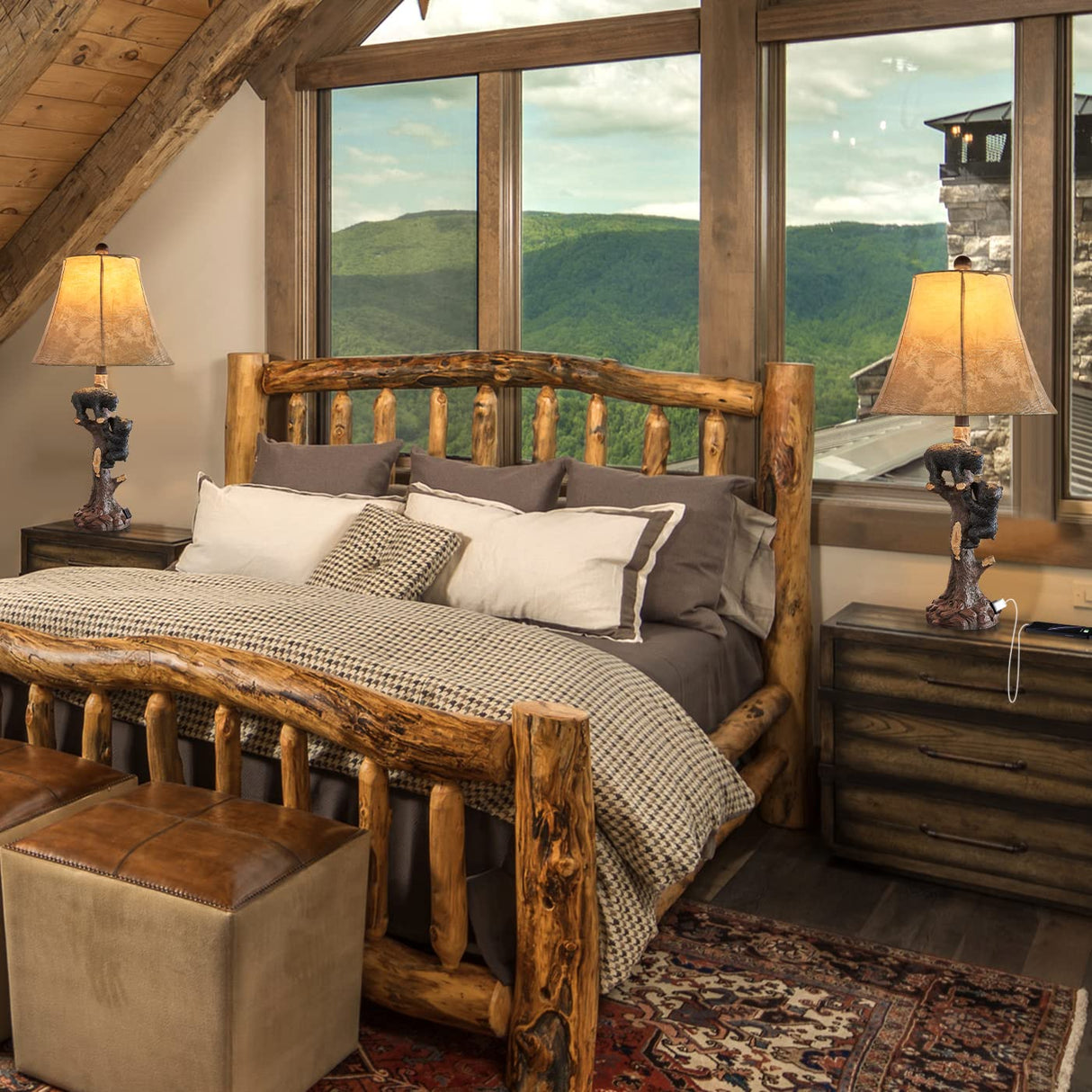 LOKHOM Climbing Bears Rustic Western Table Lamp Set of 2, 26" Rustic Bedside Lamp with USB & TypeC Charging Port, Natural Bears Table Lamp for Bedroom Living Room Foyer Office Valentine's Day Gift LOKHOM