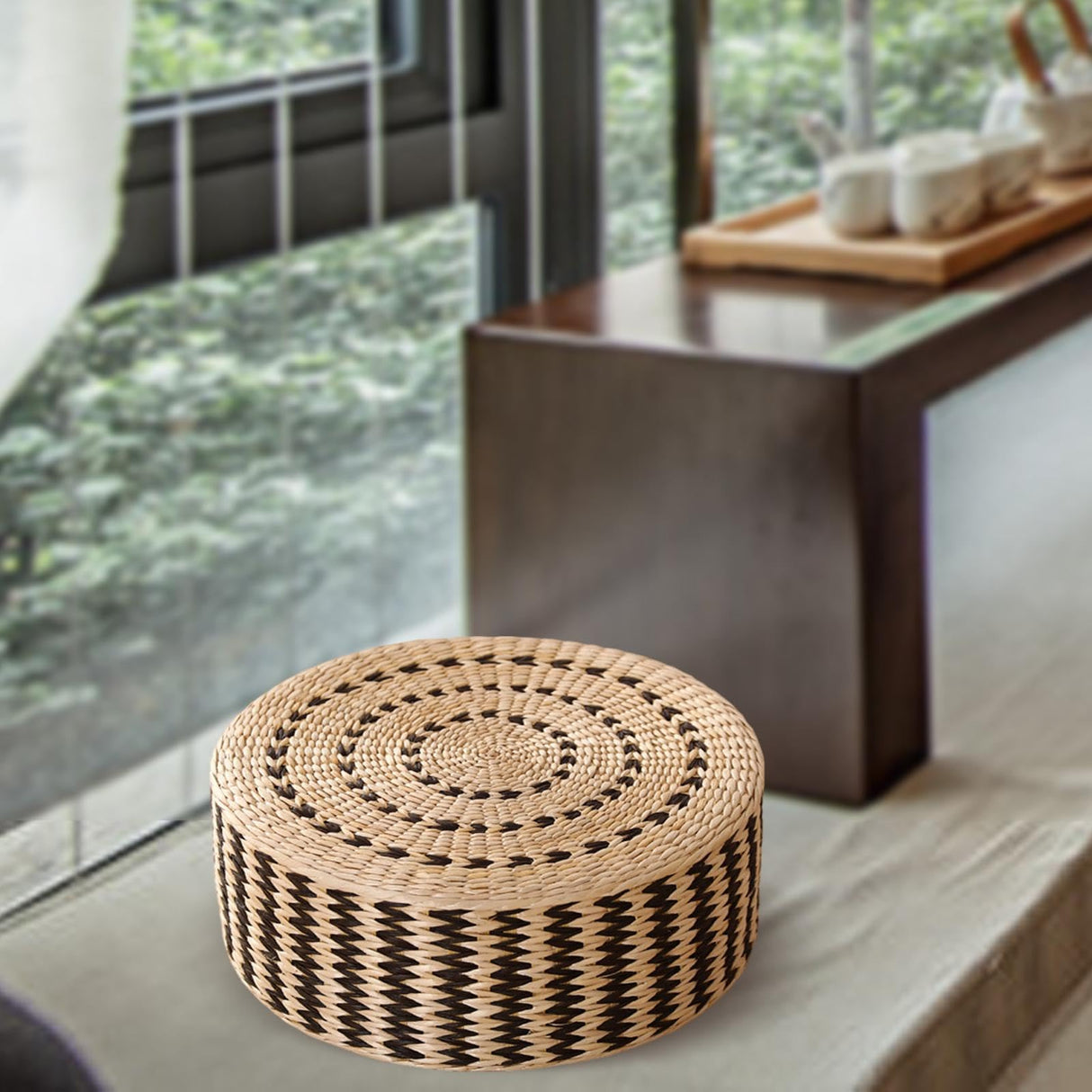 Leefasy Traditional Meditation Cushion Floor Cushion Comfortable Woven Tatami Floor Mat Tatami Floor Cushion for Indoor Tea Ceremony Birthday Gifts, Black 45cm Leefasy