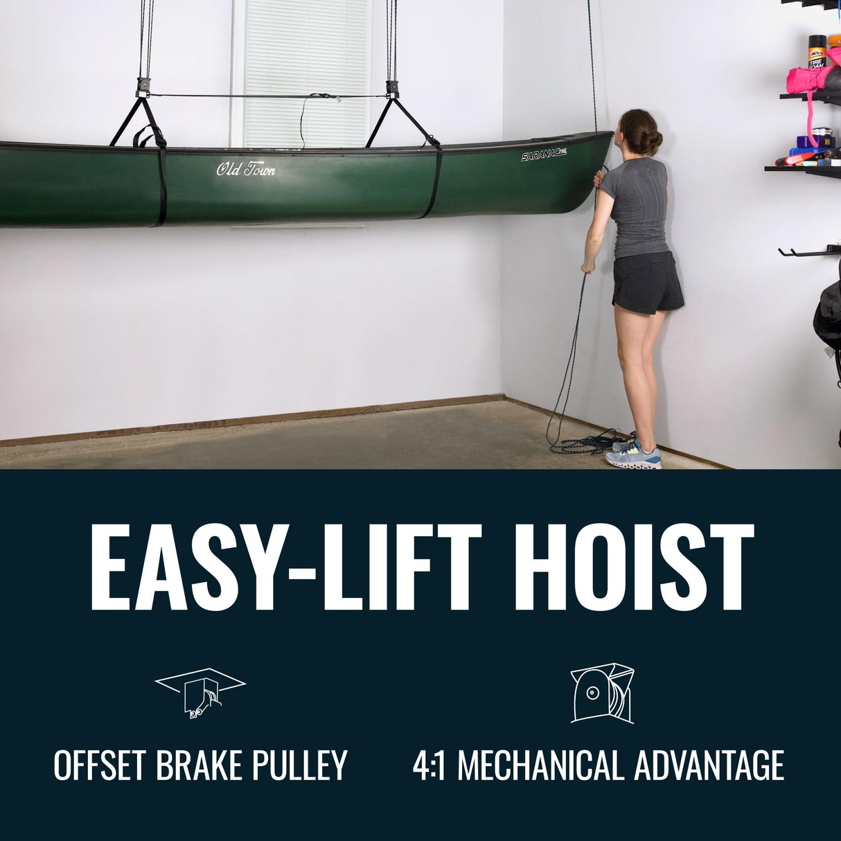 Teal Triangle Heavy Duty Elite Canoe Hoist, Easy-Lift Garage Pulley System, Holds 150 lbs, Fits 8-Foot Ceilings, Patented No-Slip Strap, No Setup Required Teal Triangle