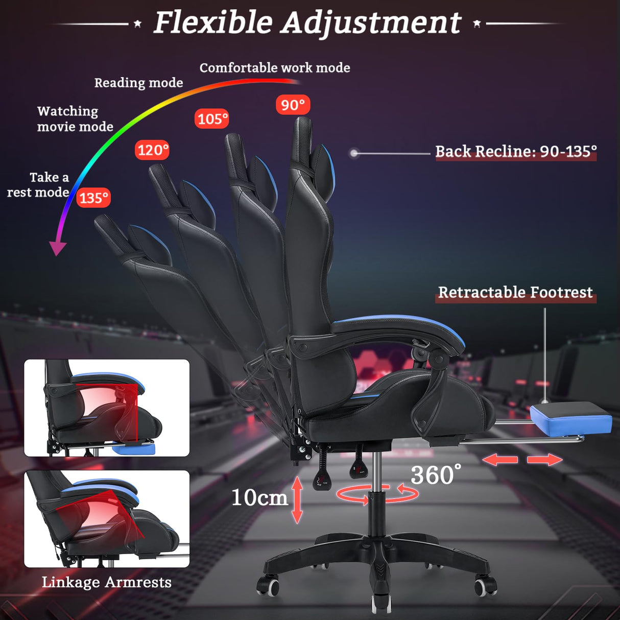 Gaming Chair Massage with LED Lights and Ergonomic Computer Gaming Chair with Footrest High Back Video Game Chairs with Adjustable Lumbar Support Blue and Black VANSPACE