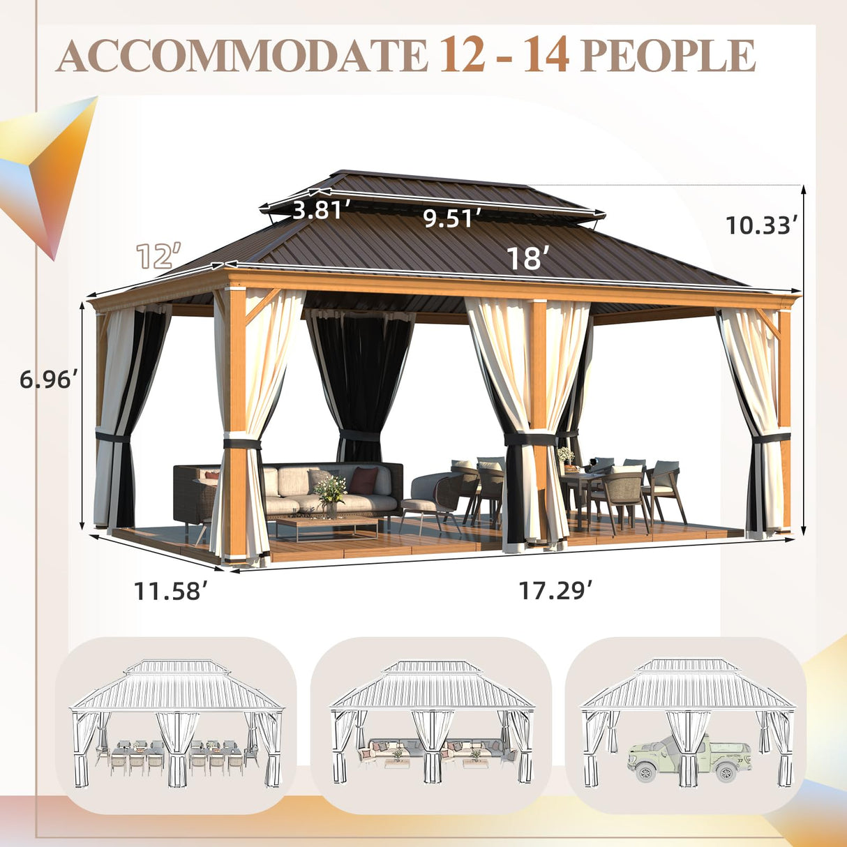 YOLENY 12' x 18' Hardtop Gazebo Faux Wood Grain Metal Gazebo with Aluminum Frame, Galvanized Steel Double Roof, Outdoor Patio Gazebo Pergolas with Netting and Curtains for Backyard, Patio, Lawns YOLENY