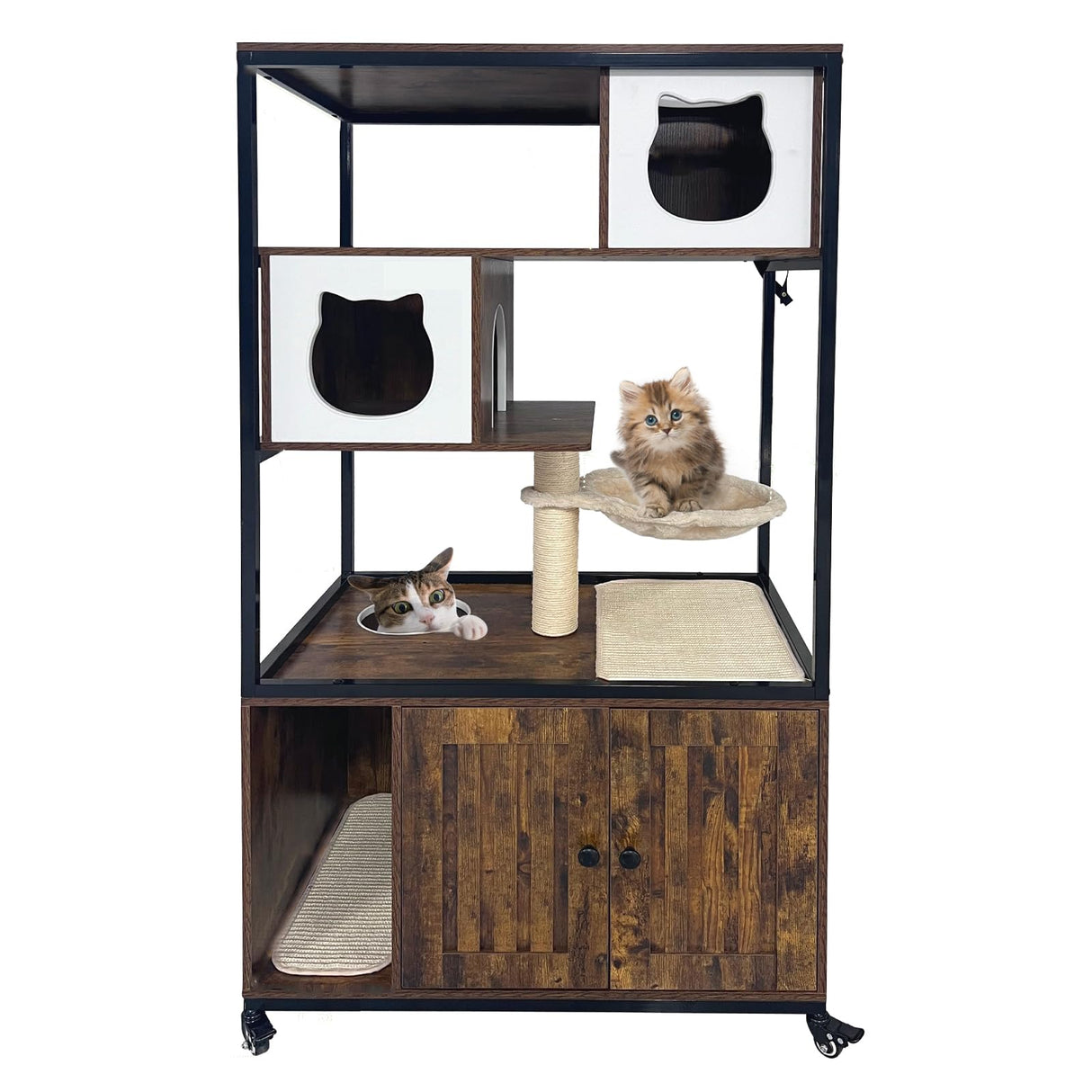 Litter Box Furniture Cat Tree with Litter Box Enclosure, Wooden Metal Frame Hidden Cat Washroom on Wheels with Hammock, Scratching Mat & Post,Fit Most Litter Box Retro Brown Hipicute