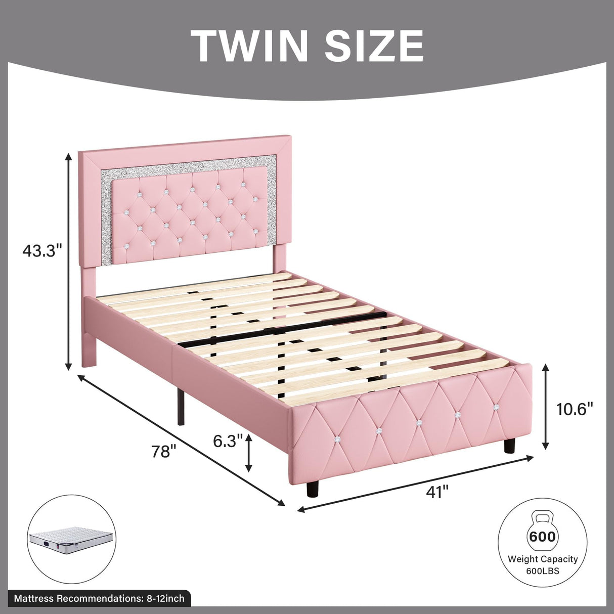 Twin Bed Frame with Headboard, Faux Leather Upholstered Bed with Diamond Tufted Design, Princess Twin Bed Frames for Kids, No Box Spring Required, Easy Assembly, Pink BarnFurin
