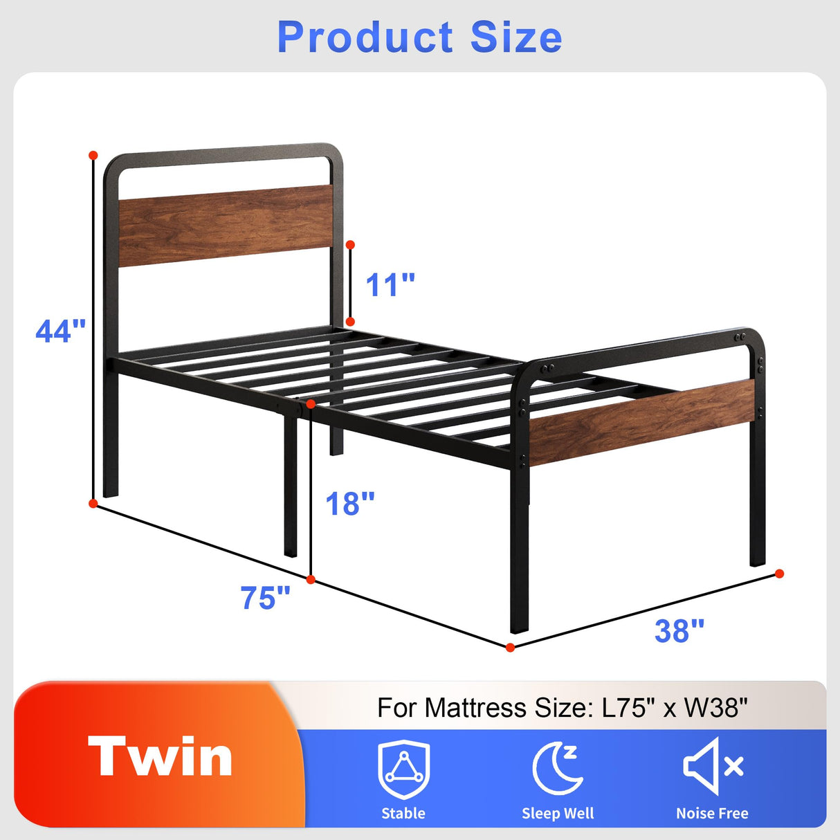 Fly-CTsoar 18 Inch Twin Bed Frame with Wood Headboard, Heavy Duty Metal Slats, with Under Bed Storage, No Noise, No Box Spring Needed, Easy Assembly, Black Fly-CTsoar