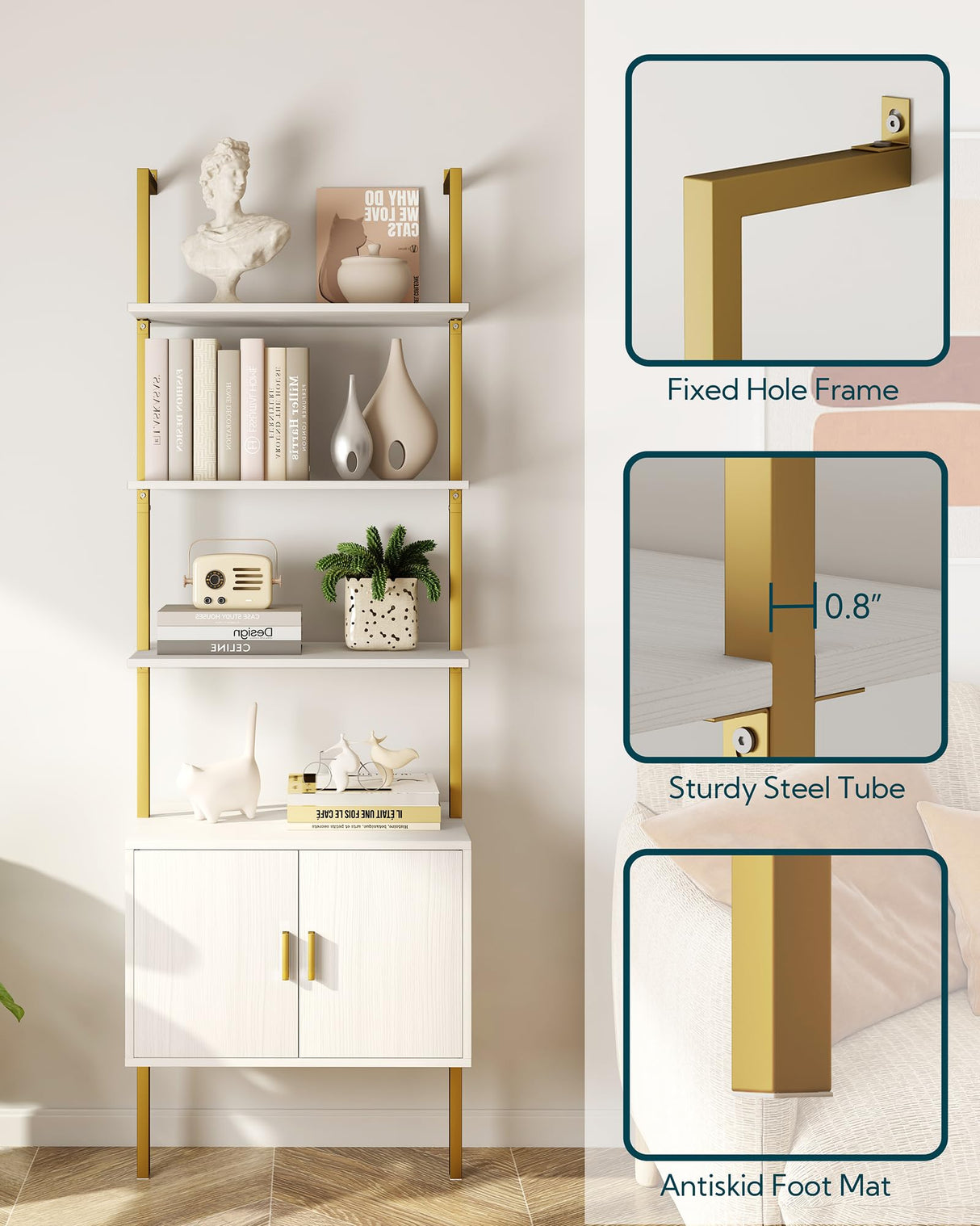 Yusong 73" Tall Bookshelf with Cabinet, Industrial Ladder Wall Mount Shelf Bookcase with Wood and Metal Frame, Plant Shelf Wall Storage Display for Living Room Bedroom, White Gold Yusong