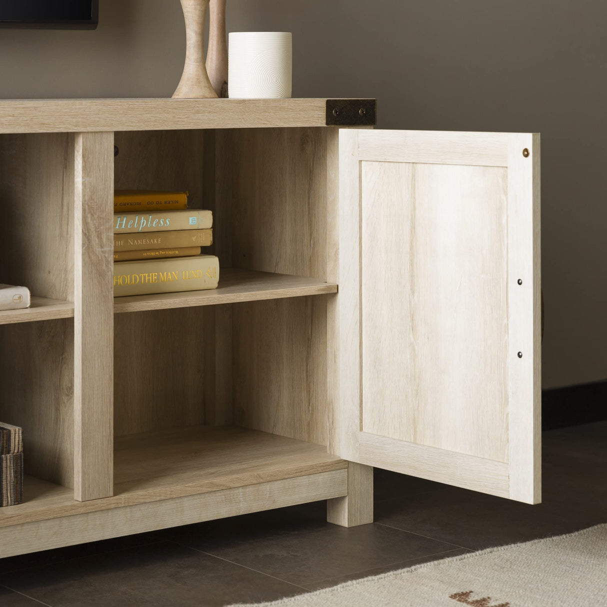 Walker Edison Georgetown Modern Farmhouse Double Barn Door TV Stand for TVs up to 65 Inches, 58 Inch, White Oak Walker Edison