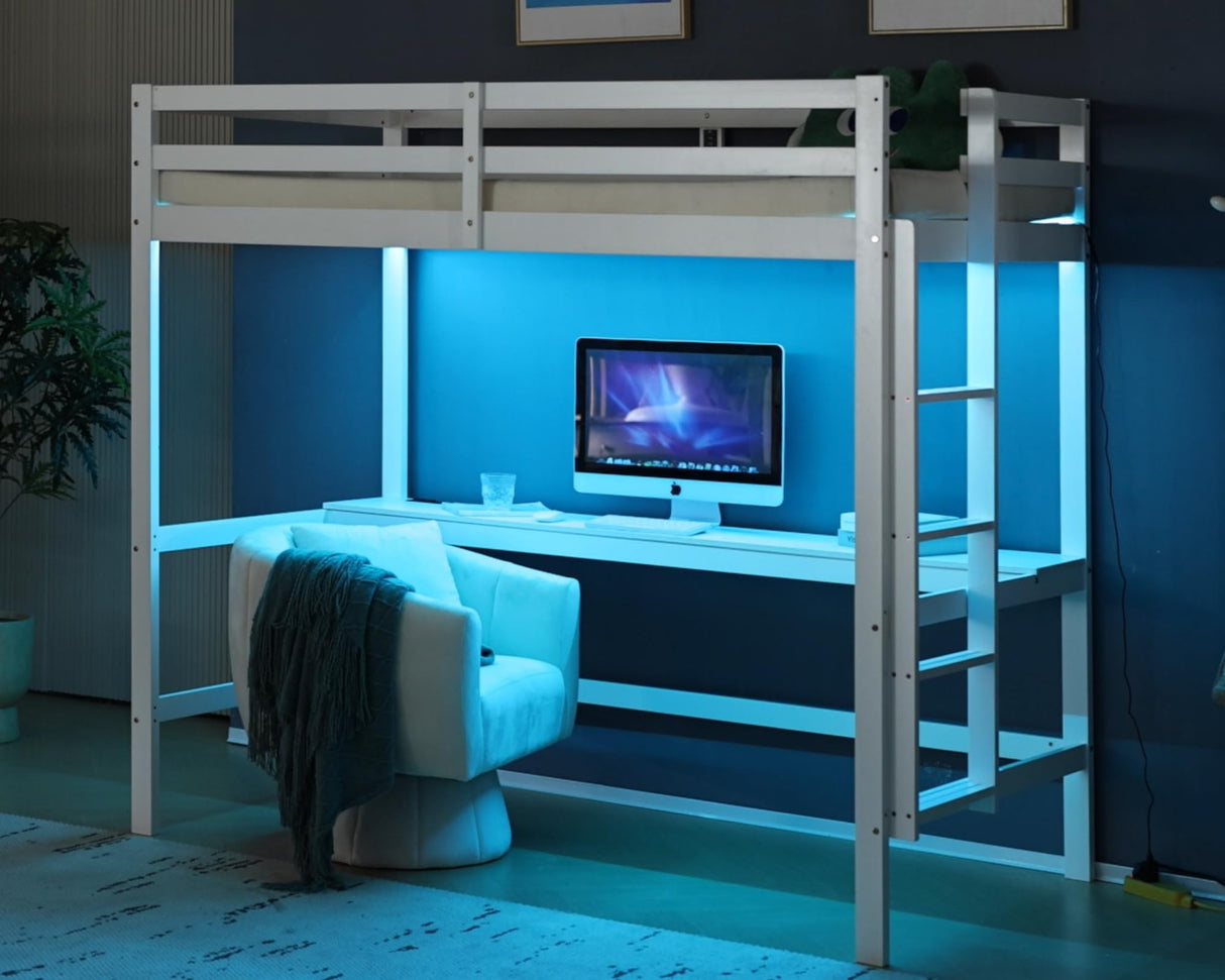 VINGLI Junior Loft Bed with Desk, Wood Loft Bed Twin Size with RGB LED for Adults, 2 Charging Station on High Guardrail and Desk,Wood Slat Support, White VINGLI