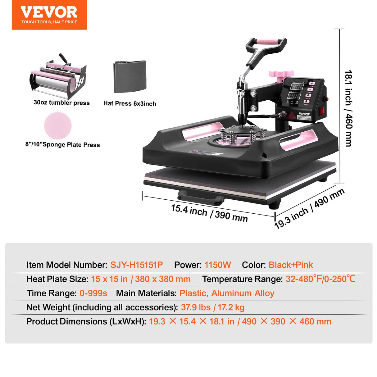 VEVOR Heat Press Machine, 5 in 1 Heat Transfer Machine with 30 oz Tumbler Press, 15 x 15 inch, 360° Swing Away Digital T-Shirt Pressing Machine, Teflon Coating, for T-Shirts/Mugs/Hats/Plates, Black VEVOR
