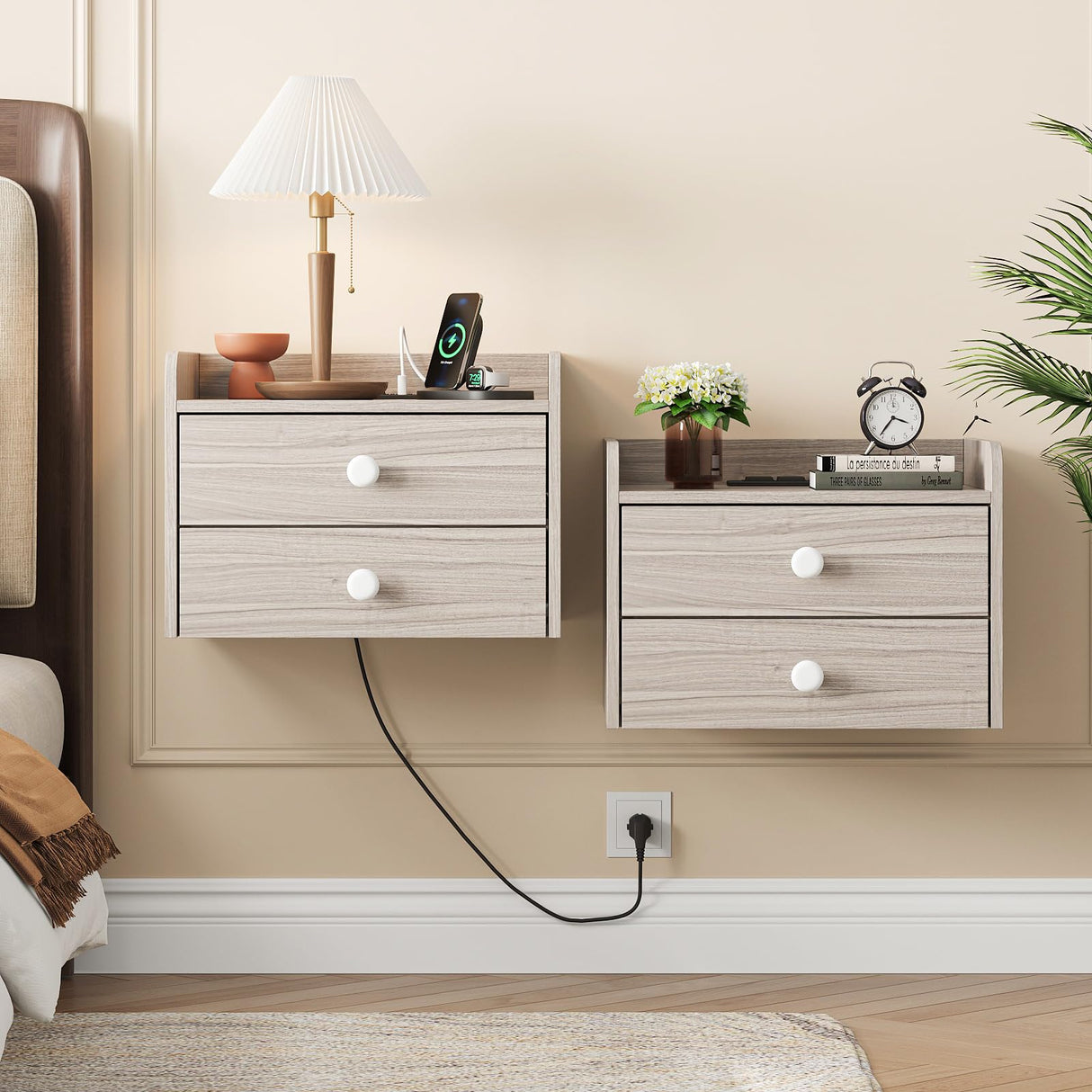 Floating Nightstand Set of 2 with 2 Storage Drawers and Charging Station Wood Wall Mounted Bedside End Table Modern Night Stands Set 2 for Bedroom,Living Room,Home Office,Small Space,Grey Vabches