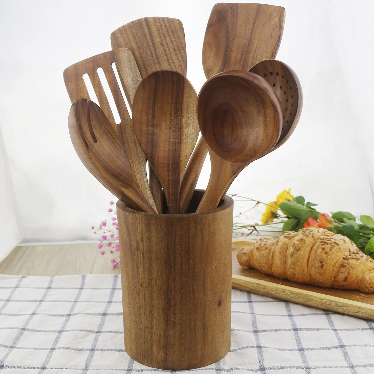 Wooden Spoons for Cooking, ADLORYEA Wood Kitchen Utensils Set, Natural Teak Wooden Cooking Utensils set for Nonstick Cookware, 7-Piece Sturdy Eco-friendly and Healthy Wooden Spatula for Cooking ADLORYEA