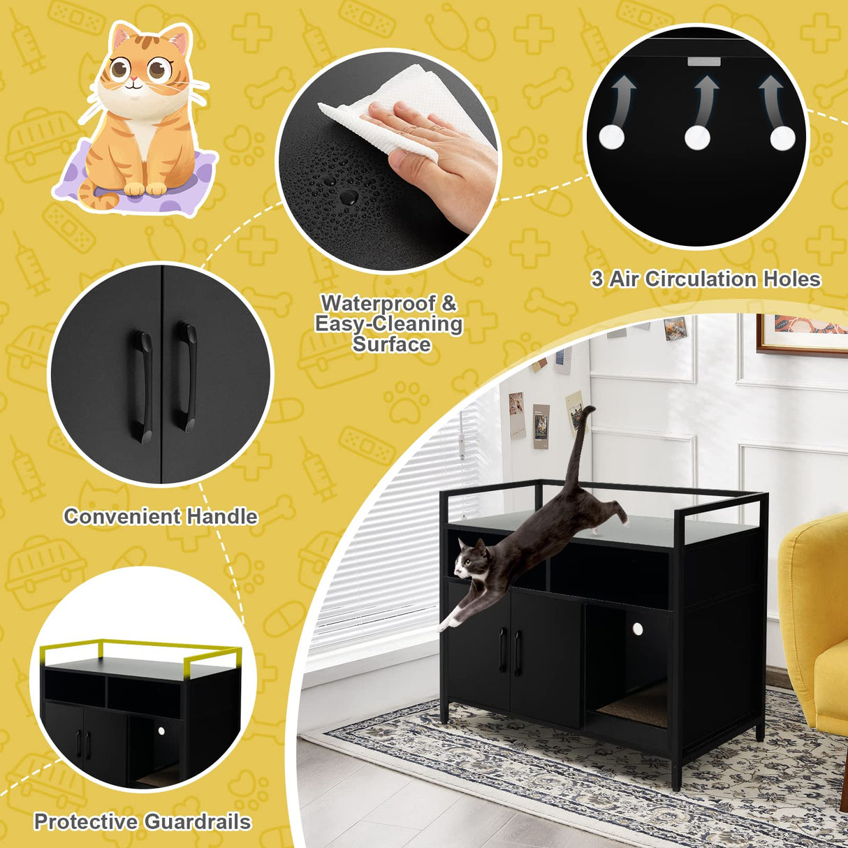 Tangkula Litter Box Enclosure, Cat Litter Box Furniture Hidden w/Metal Frame, Scratching Board, Storage Compartment, Wooden Cat Washroom, Indoor Cat House Side Table, Cat Box Cabinet (Black) Tangkula