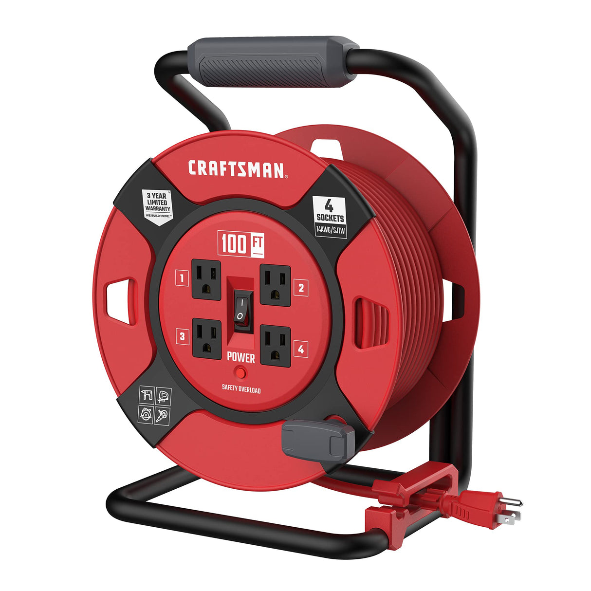 CRAFTSMAN 100 Ft. Retractable Extension Cord Reel With 4 Outlets & Heavy Duty 14AWG SJTW Cable CRAFTSMAN