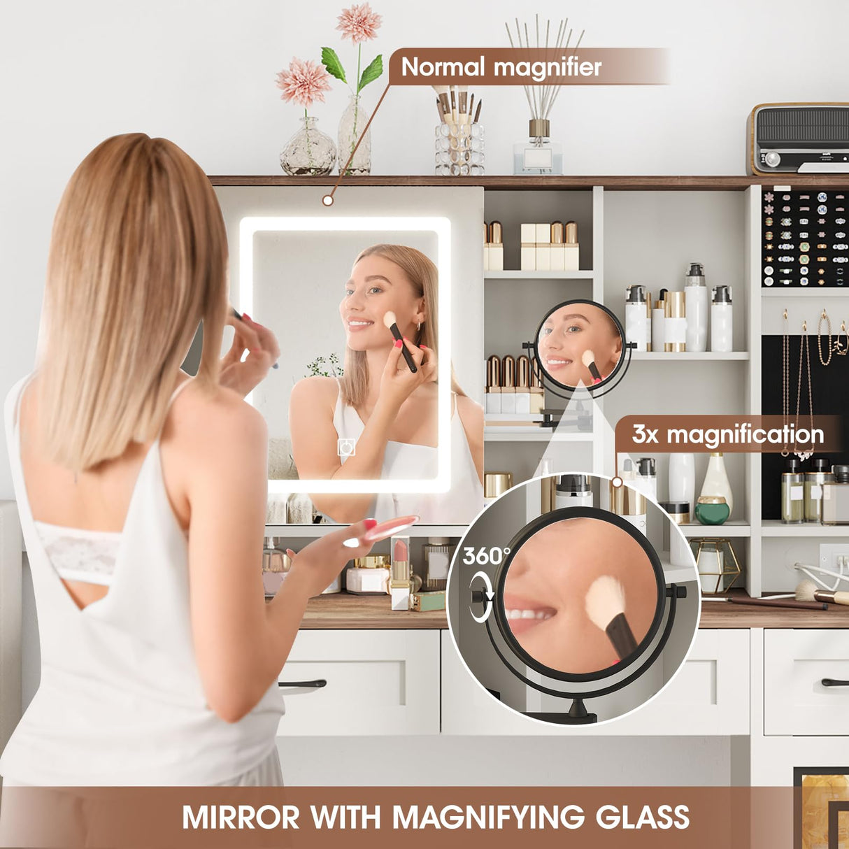 Maupvit Vanity Desk with Mirror and Lights, Makeup Table with Drawers & Jewelry Cabinet, Large Vanity with Storage, Bedroom Dressing Table (White) Maupvit