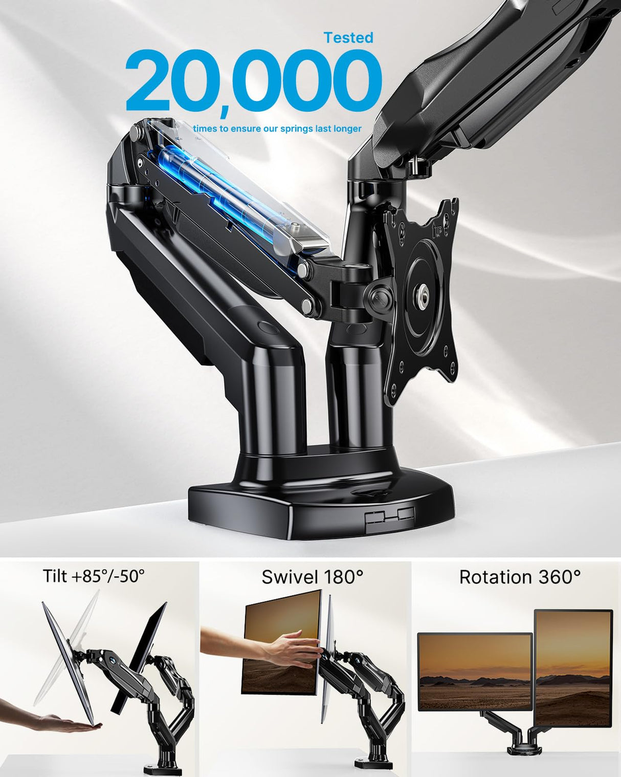 HUANUO Dual Monitor Stand - Full Adjustable Monitor Desk Mount Swivel Vesa Bracket with C Clamp, Grommet Mounting Base for 13 to 32 Inch Computer Screens - Each Arm Holds 4.4 to 19.8lbs HUANUO