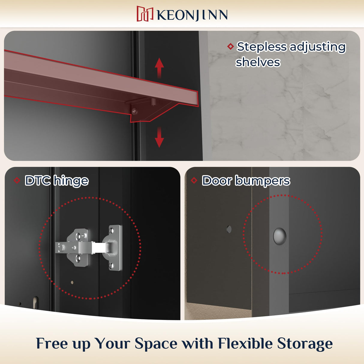 Keonjinn 16" x 24" Black Medicine Cabinets for Bathroom with Mirror Recessed or Surface Wall-Mounted Aluminum Alloy Framed Beveled Mirror, Single Door Metal Bathroom Vanity Mirror with Storage Cabinet Keonjinn