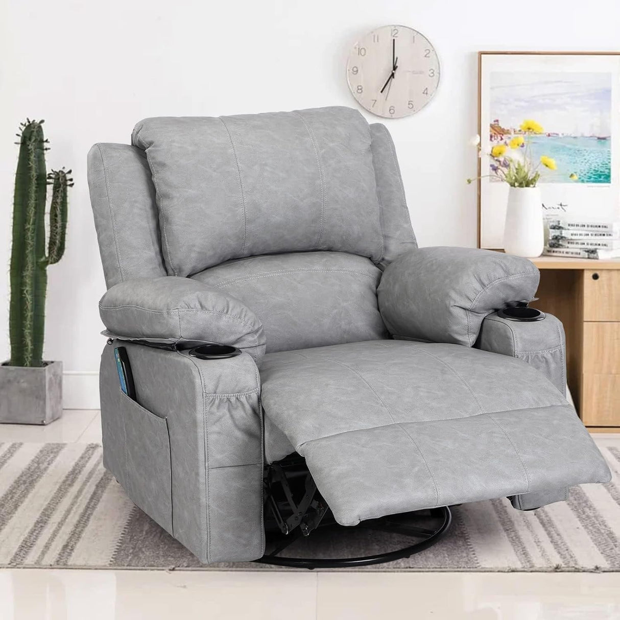 Swivel Recliner Chairs with Massage and Heat, Overstuffed Leather Rocker Recliner Chair for Adults, Manual Oversized Rocking Single Sofa Recliners with Cup Holders for Living Room,Grey KCREAM
