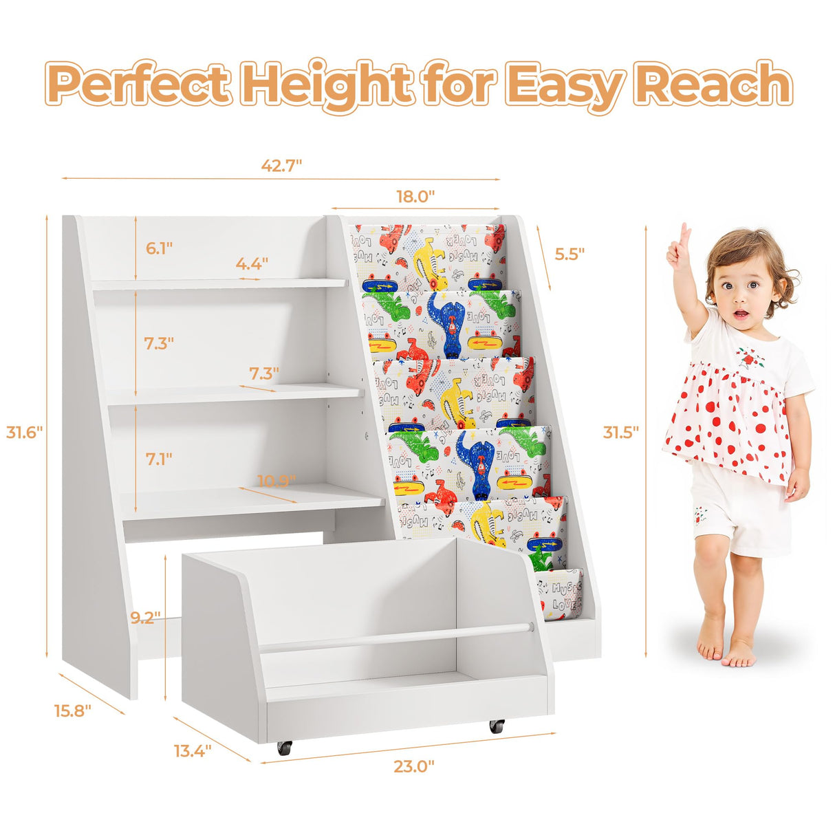 IRONCK Kids Bookshelf and Toy Storage, 42" Wide Large Toddler Bookshelf with Movable Drawer and 5 Sling Pockets, Montessori Book Shelf for Kids Rooms-White IRONCK