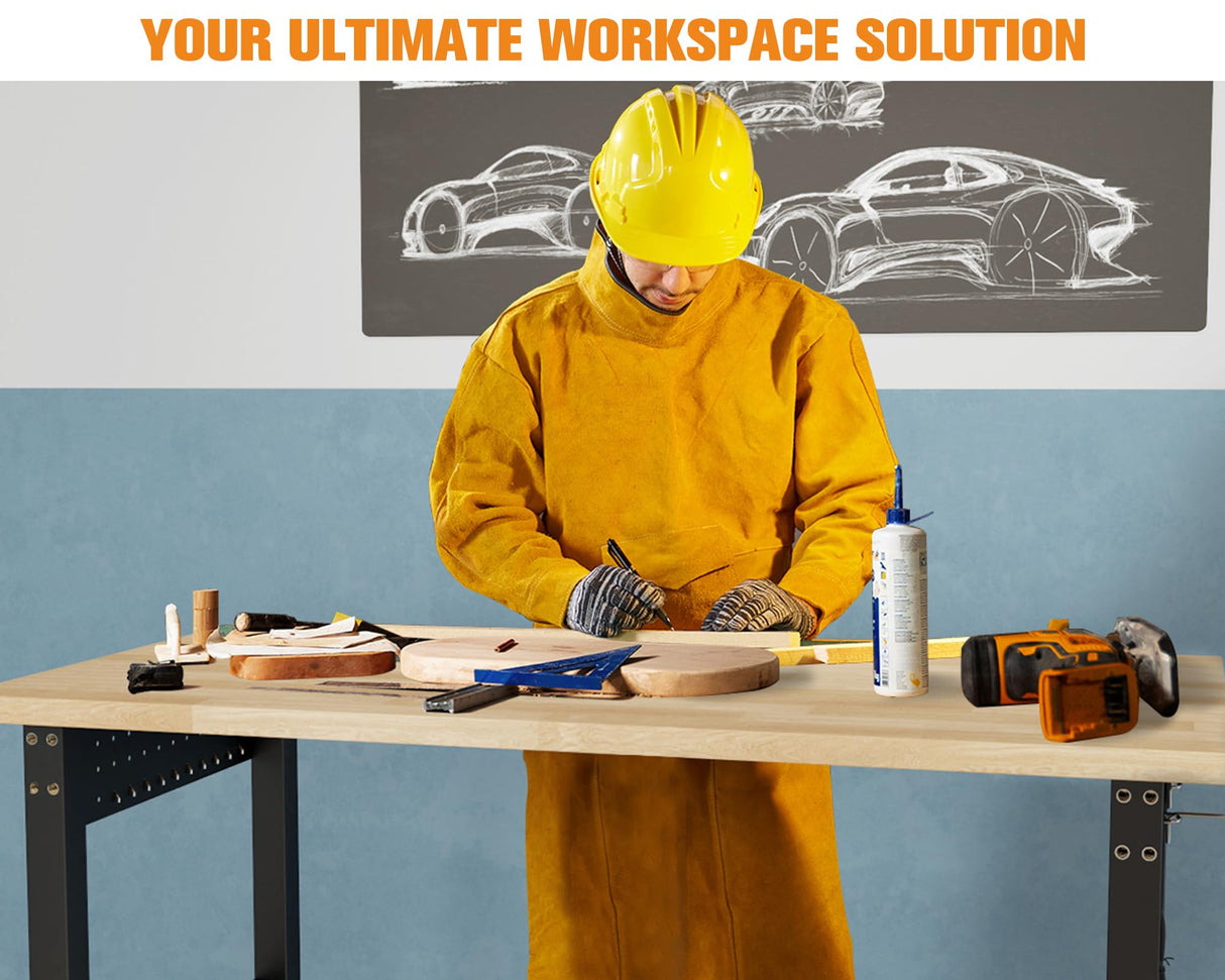 SPECRAFT 72“ Adjustable Heavy Duty Workbench with 4 AC Outlet and 2 USB Ports Power Outlets, 5000 Lbs Capacity, Rubber Wood Top for Garage, Workshop, Office SPECRAFT