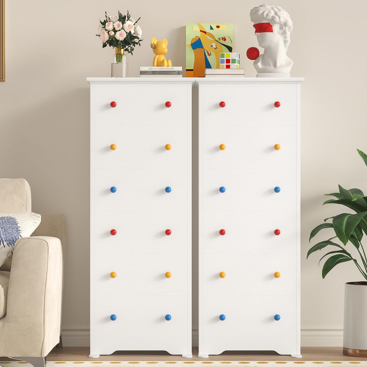LIKIMIO Small Dresser Tall, 6 Drawer Tall Skinny Dresser with Colorful Handles, Chest of Drawers for Bedroom, 51.5" H Modern Wooden Floor Storage Cabinet with Metal Sliding Rail, White LIKIMIO