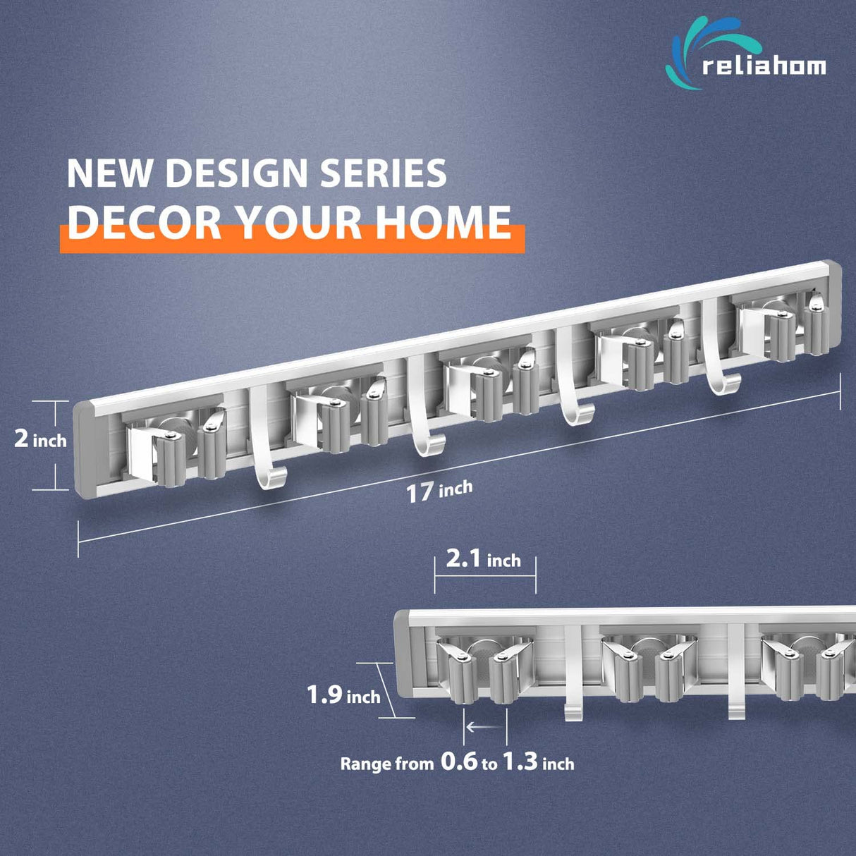 reliahom 2 Pack Broom Holder Wall Mount Mop and Broom Hanger Wall Mounted Garage Storage Rack Kitchen Garden Tool Organizer (5 Racks with 4 Hooks, Silver) reliahom